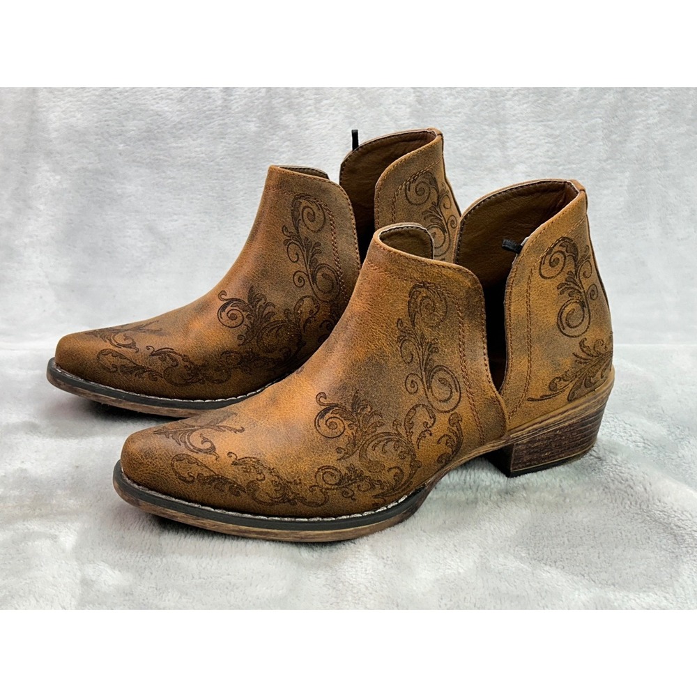 Roper Ava Ankle Boots Women 6.5 Brown Laser Etched Floral Cutout Booties Western